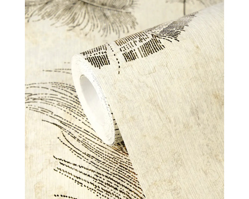 Behang met verenpatroon en gestructureerd oppervlak, detailweergave van een rol.