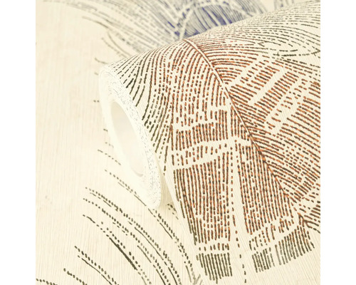 Rol vliesbehang met fijne structuur en abstract verendessin.