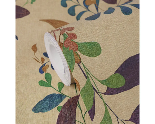 Behangrol met bladerpatroon en textielstructuur.