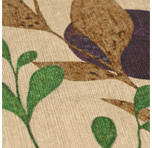 Close-up van gestructureerd vliesbehang met een botanische print van bladeren en florale elementen.