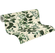 Vliesbehang met botanisch bladerpatroon in verschillende groentinten.