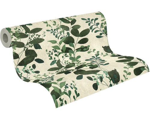 Vliesbehang met botanisch bladerpatroon in verschillende groentinten.