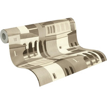 Vliesbehang met modern architectonisch patroon van bogen en gebouwen in aardetinten.