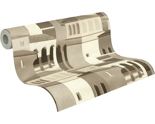 Vliesbehang met modern architectonisch patroon van bogen en gebouwen in aardetinten.