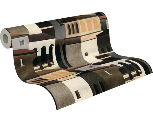 Vliesbehang met abstract architectuurmotief, gevels en bogen in moderne stijl.