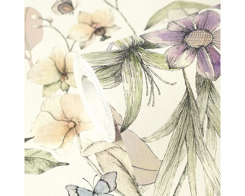 Een rol gestructureerd behang met een handgetekend bloemenpatroon van lelies en vlinders.