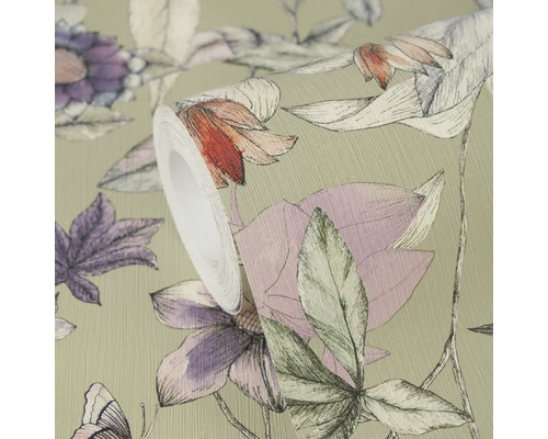 Rol vliesbehang met een floraal patroon met gedetailleerde bloem- en bladtekeningen op een gestructureerd oppervlak.