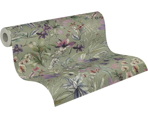 Behangrol met botanisch patroon van bloemen, bladeren en vlinders.