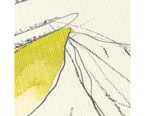 Detailopname van een getextureerd behang met verticale ribbels, een limoengroen vlak en donkere handgetekende lijnen.