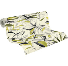 Vliesbehang met botanisch bladpatroon, geschetste bladeren in zwart en groen op een lichte ondergrond.