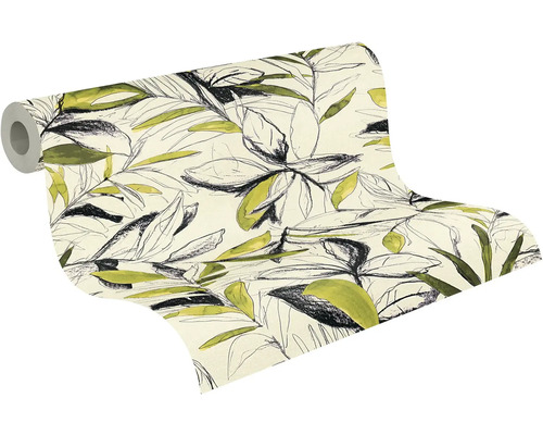 Vliesbehang met botanisch bladpatroon, geschetste bladeren in zwart en groen op een lichte ondergrond.