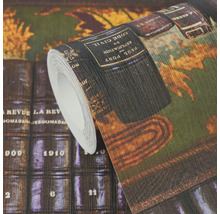 Vliesbehang met antiek boekenkastmotief, gedetailleerde ruggen van boeken in retrostijl.