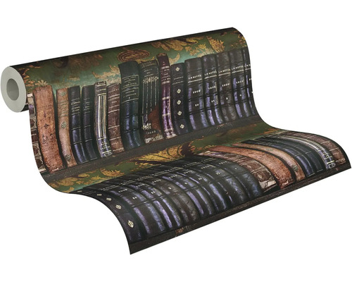 Behang op rol met een motief van antieke boekenruggen in een boekenkast.