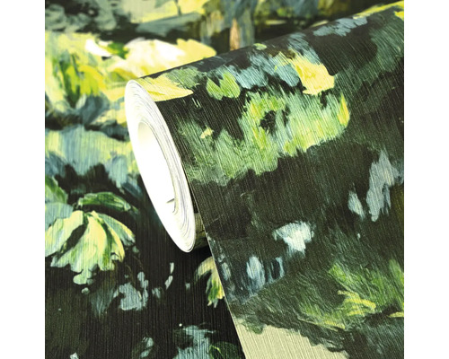 Vliesbehang met abstract botanisch patroon en fijne oppervlaktestructuur op een rol.