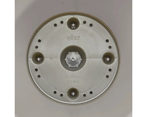 Onderkant van een plantenbak met de afmetingen 25 cm diameter en 5,5 liter volume, Elho Logo