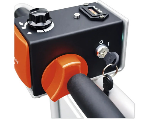 Gedetailleerde weergave van een regeleenheid met draaiknop, noodstop en contactslot