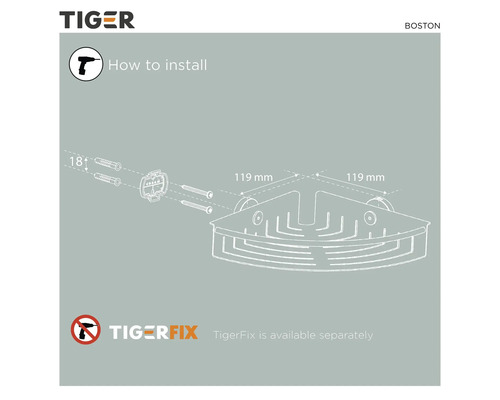 Installatie-instructies voor een Tiger Boston hoekplank met afmetingen en bevestigingsmateriaal