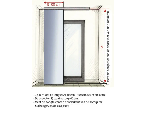 Illustratie van een gordijn met breedte- en hoogte-indicaties voor montage