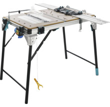 Wolfcraft Master Cut multifunctionele werktafel met geleiderail, inklapbaar onderstel en geïntegreerde machineschakelaar.