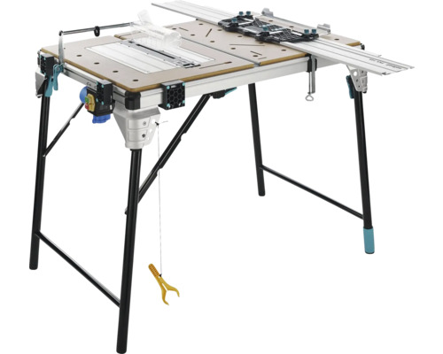 Wolfcraft Master Cut multifunctionele werktafel met geleiderail, inklapbaar onderstel en geïntegreerde machineschakelaar.