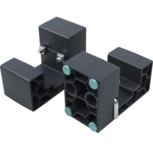 Twee zwarte kunststof afstandhouders met honingraatstructuur, metalen bouten en glijders.