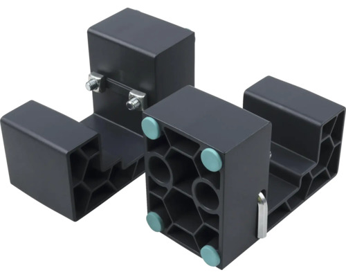 Twee zwarte kunststof afstandhouders met honingraatstructuur, metalen bouten en glijders.