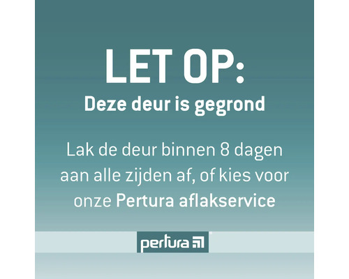 Informatie over Pertura deuren: Deze deur is gegrond. Lak de deur binnen acht dagen aan alle zijden af of kies voor de Pertura aflakservice. Pertura Logo.