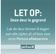 Bericht: Deze deur is gegrond. Lak de deur binnen acht dagen aan alle zijden af, of kies voor onze Pertura aflakservice. Pertura Logo.
