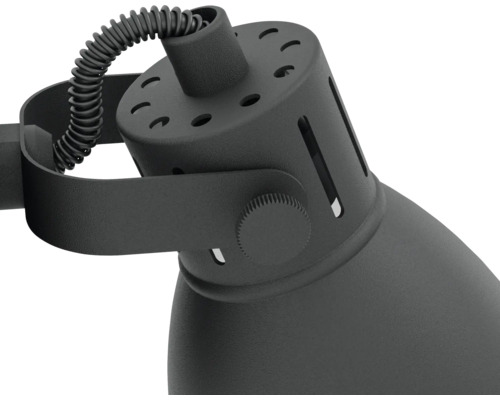 Gedetailleerd beeld van een zwarte lamp met flexibele kabelgeleiding