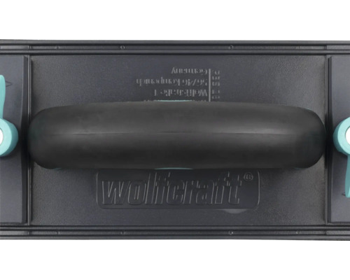 Wolfcraft handschuurmachine met handgreep en klemmechanisme aan de zijkant voor schuurpapier. Wolfcraft Logo.