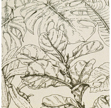 Getextureerd vliesbehang met geschetst tropisch bladerpatroon en Monstera-bladeren.