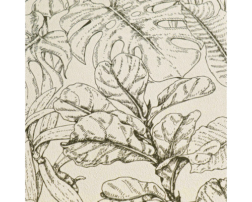 Getextureerd vliesbehang met geschetst tropisch bladerpatroon en Monstera-bladeren.