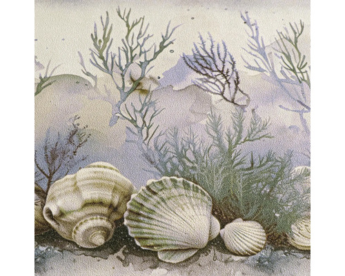 Vliesbehang met maritieme motieven, schelpen en onderwaterplanten in aquarellook.