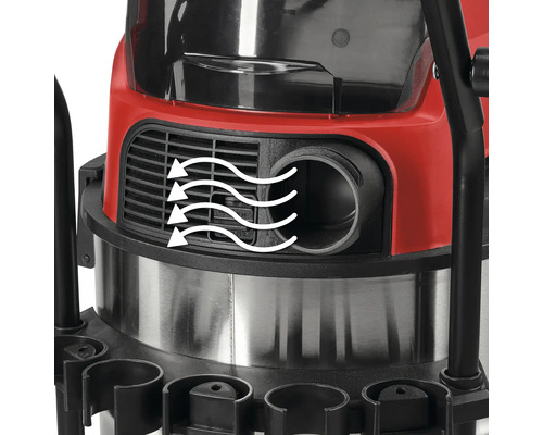 Gedetailleerde weergave van een nat- en droogzuiger met luchtafgifte en blaasfunctie