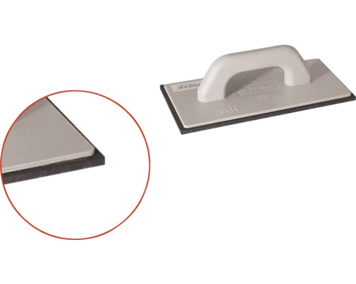 Gladde spaan met handvat en sponsbord, 28 bij 14 centimeter, detailopname