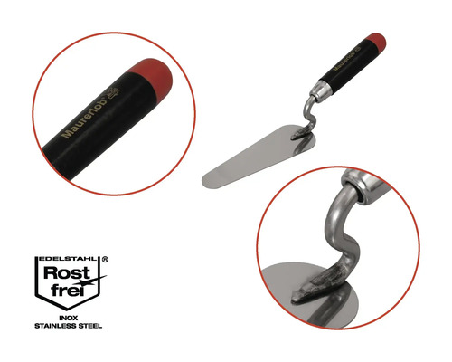 Metselspatel met zwart handvat en roestvrijstalen oppervlak