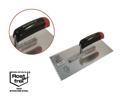 Maurerlob getande spaan van roestvrij staal met kunststof handvat