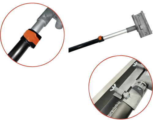 Detailopname van een gladde spaan met telescopische steel en bevestigingsmechanisme