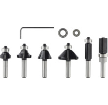 Meerdelige metalen bovenfrezenset met diverse profielfrezen, twee kogellagers en een inbussleutel.