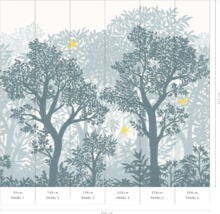 Behang met bosmotief en vogelillustratie