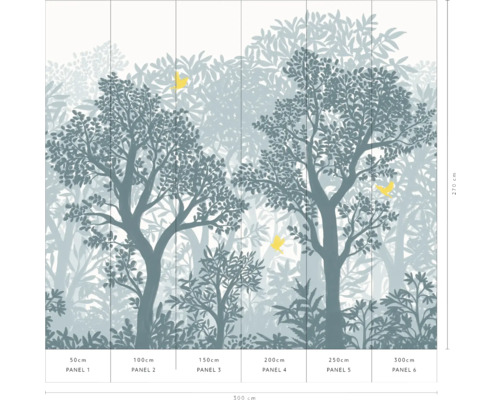 Behang met bosmotief en vogelillustratie