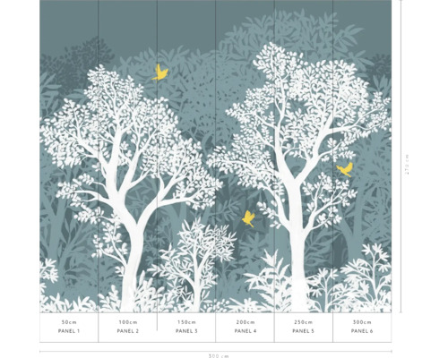 Fotobehang met bosmotief, bomen en vogels