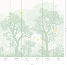 Fotobehang met bosmotief en vogelafbeeldingen, bestaande uit zes banen.