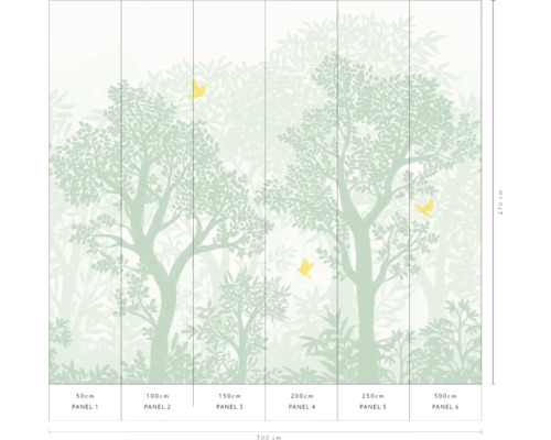 Fotobehang met bosmotief en vogelafbeeldingen, bestaande uit zes banen.