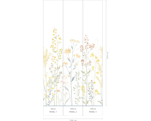 Behang met bloemmotief, bestaande uit drie banen met de afmetingen 50 cm, 100 cm en 150 cm.