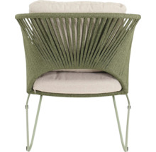 Tuinstoel met groene touwbekleding en lichte kussens van achteren