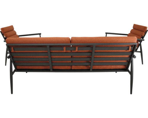 Tuinbank en twee fauteuils met metalen frame en stoffering