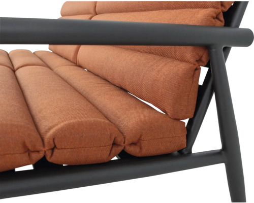 Detailaanzicht van een fauteuil met bruine kussens en een zwart frame.