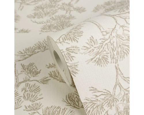 Vliesbehang met gestructureerd patroon van gestileerde dennentakken.