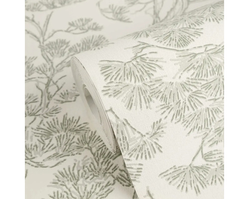 Vliesbehang op rol met botanisch dennentakkenpatroon in grijs en wit.